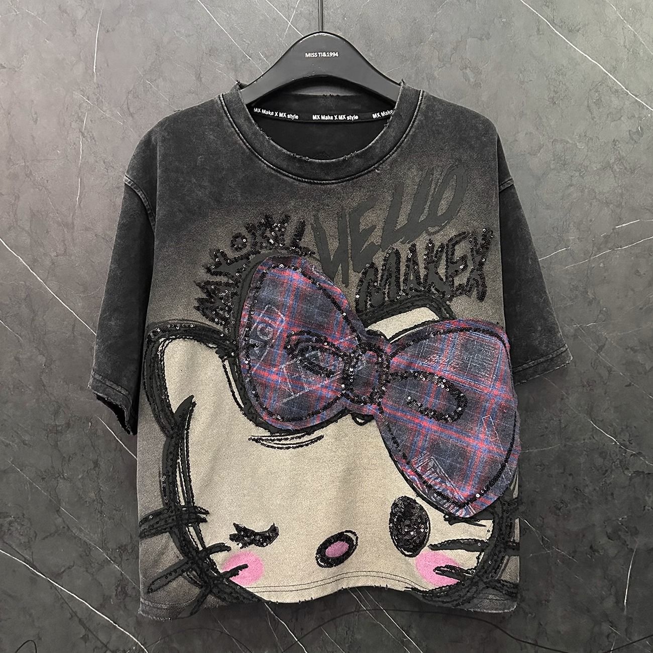 100-150KG Fat M Extra Large Spring/Summer Kitty Sparkle Printed Short Sleeve T-shirt for Women, Loose and Versatile, Small and Trendy