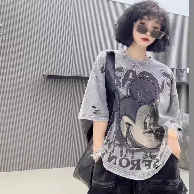 Extra Large 100-150KG Fat MM Summer Dress Cartoon Loose Round Neck T-shirt Women's Short Sleeves Fashionable Age Reducing and Meat Covering Top Trendy