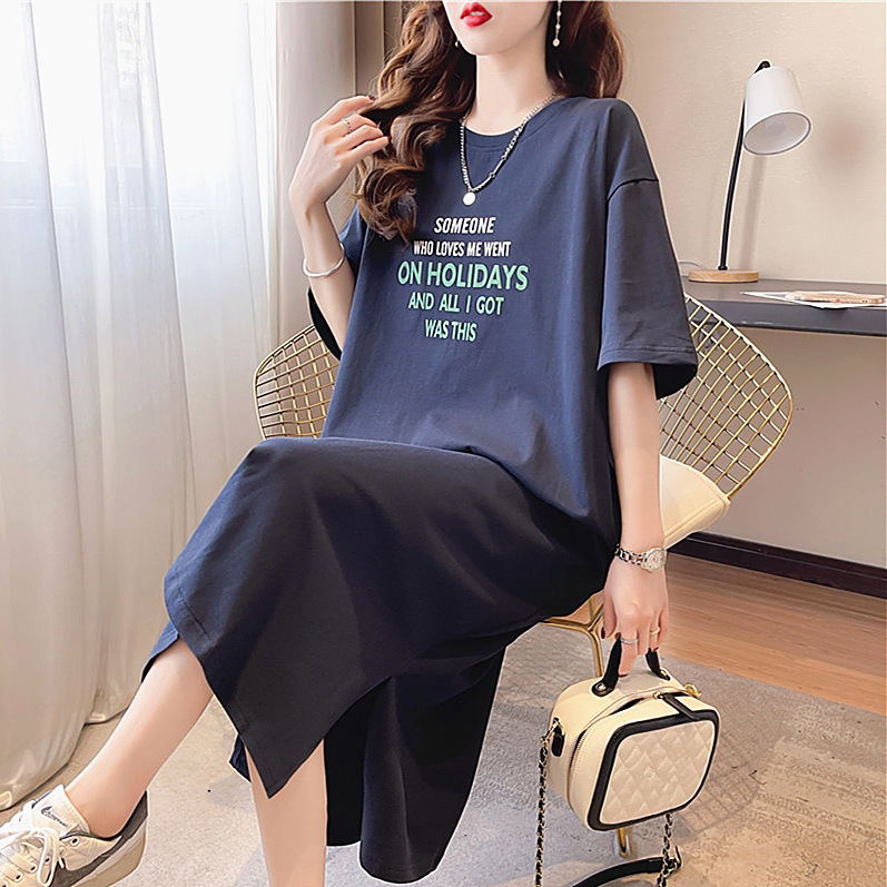 Cross border pure cotton Korean version short sleeved dress for women in summer, loose fit plus size, casual mid to long length, knee length T-shirt, long skirt