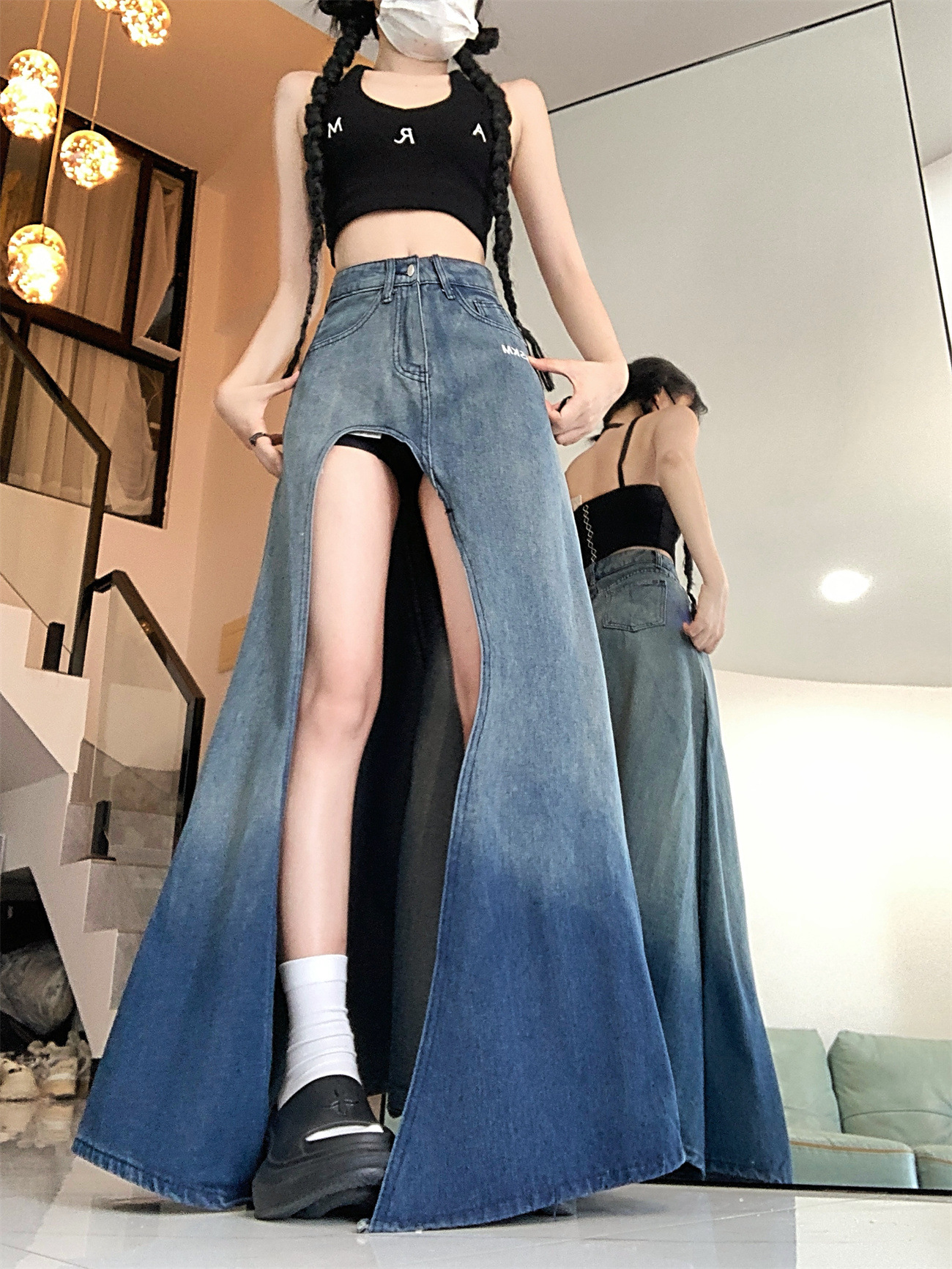 2025 gradient wash water super high slit leg length sexy spicy girl A-line denim long skirt