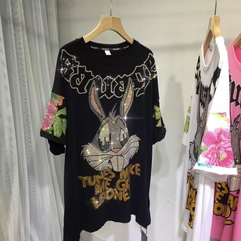 Oversized 100-150KG Fat mm Heavy duty Hot Diamond Short sleeved T-shirt Women's Round Neck Peony Flower Rabbit Fashion Western Style Top