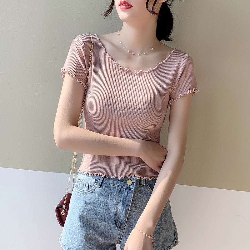 Summer short sleeved ice silk knitted T-shirt for women, slim fit and slimming, with black fungus edges, high waist, short style, exposed belly button, collarbone top, thin