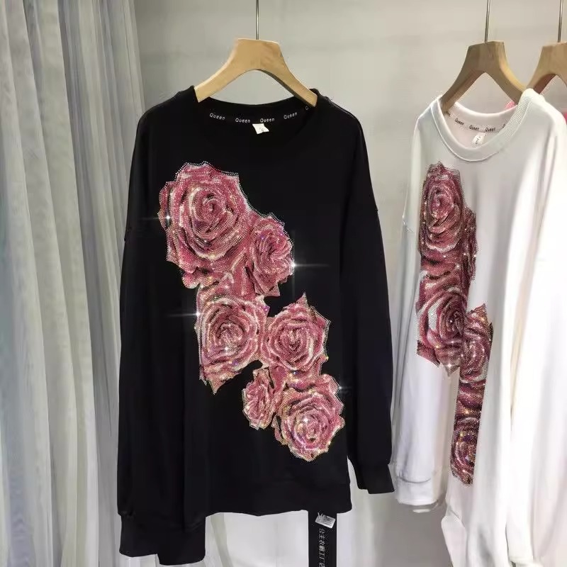 Oversized 100-150KG Fat M Heavy duty Hot Diamond Hoodie Women's Light Luxury Rose Round Neck Look Slimming Long Sleeve Hoodie Top