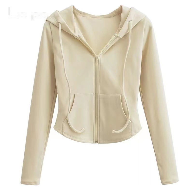 Derong spicy girl style hooded cardigan jacket for women in spring and autumn, slim fit and casual look, long sleeved short top trendy