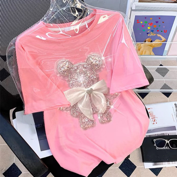 200g pure cotton European three-dimensional diamond studded sequin embroidered cartoon short sleeved T-shirt for women's summer loose and fashionable anti-aging top