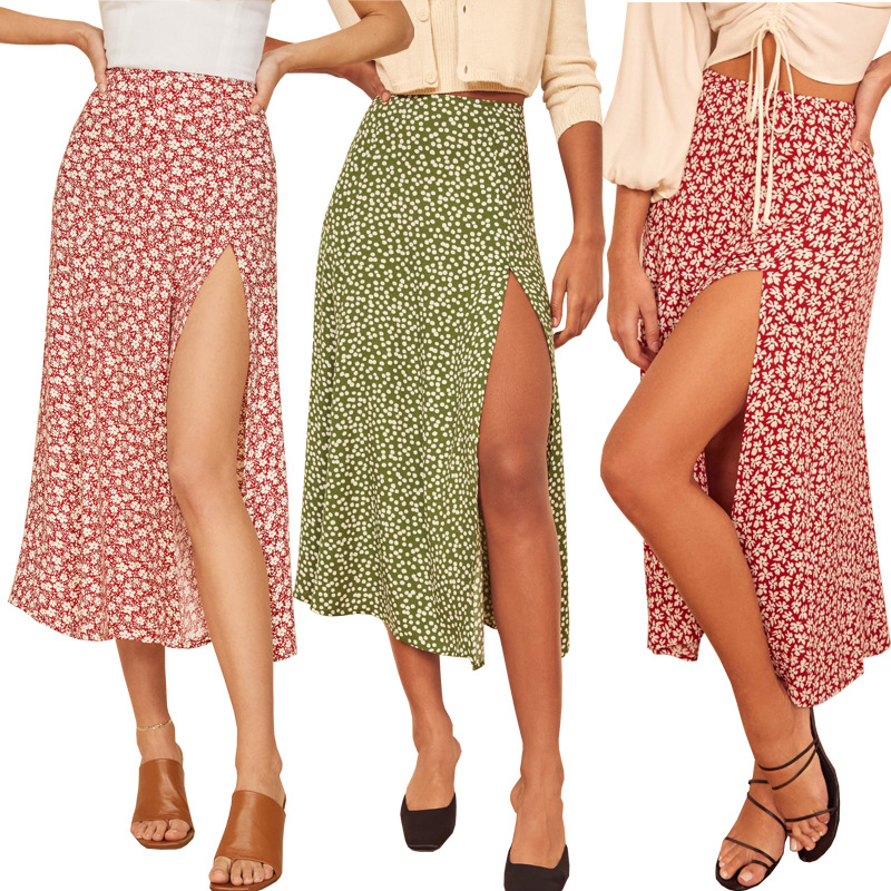 2025 European and American AliExpress women's polka dot printed high waisted elastic bag hip slit long A-line leopard print skirt