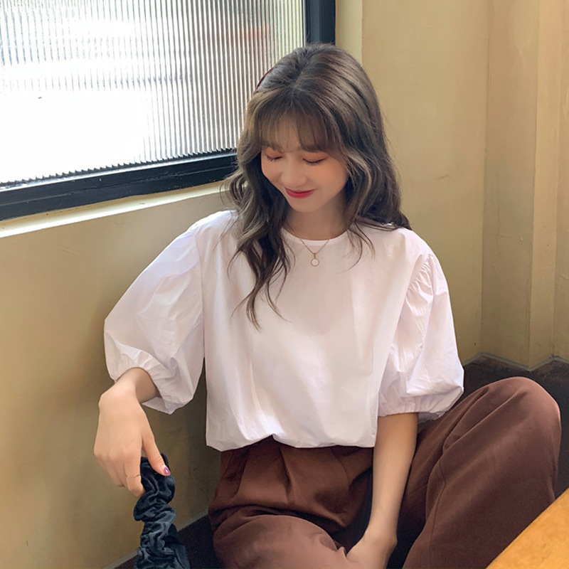 Hong Kong style sweet new half sleeve bubble sleeve women's solid color simple short sleeved T-shirt women's top ins trend cross-border wholesale