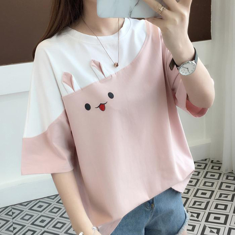 2023 Summer New Embroidered Rabbit Korean Edition Color blocked T-shirt Student Top Loose Short sleeved Women's Clothing One Piece for Sale