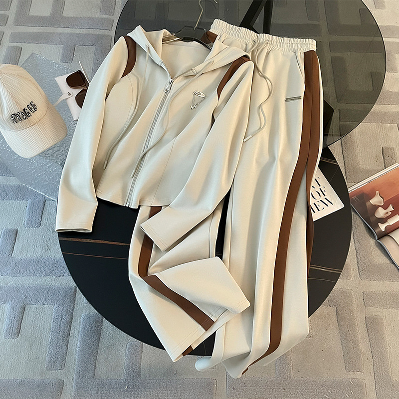 Female autumn European niche casual sports suit slim fit and slimming hooded zipper jacket wide leg pants two-piece set trendy