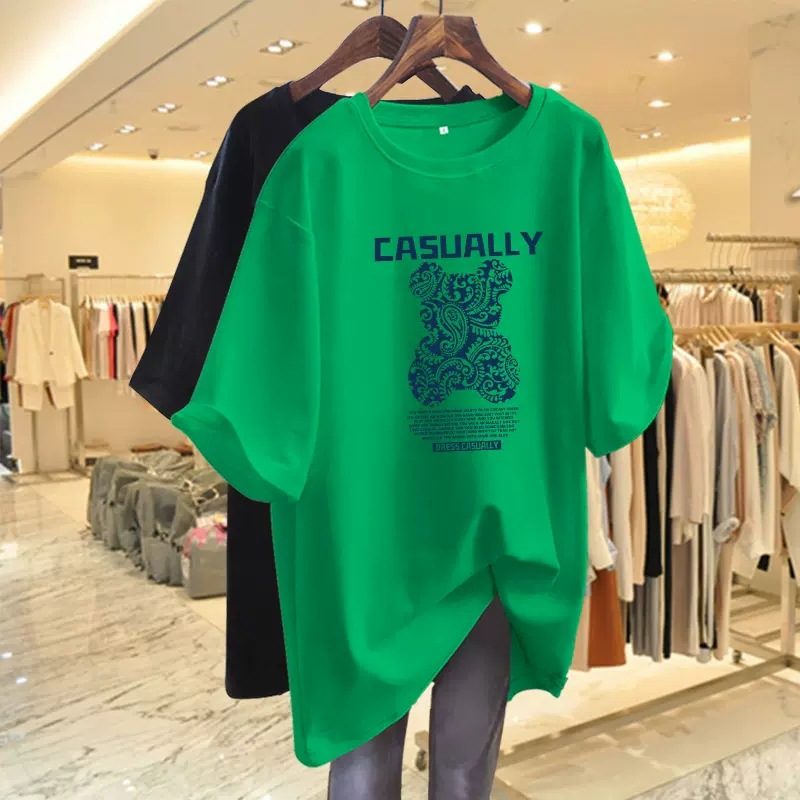 Medium to long sized T-shirt short sleeved women's 2025 new European style loose fitting teddy bear round neck to cover buttocks, trendy Instagram clothing