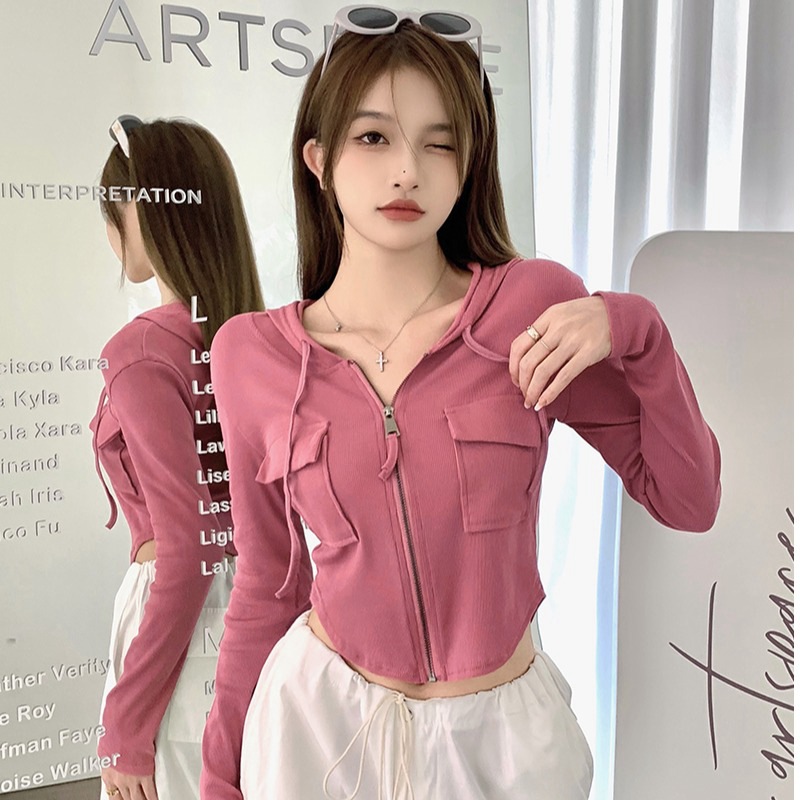 2025 short hooded cardigan jacket for women in autumn and winter, pure desire, sweet and spicy, small stature, unique design, T-shirt zipper