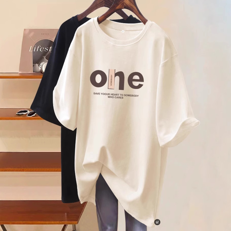 2025 summer European style fashion, age reduction, missing lower body, short sleeved T-shirt, women's loose large version, medium and long top, ins trend
