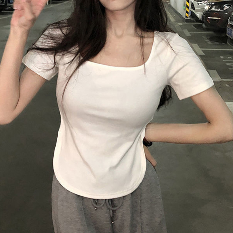 2025 Summer New Pure Desire Wind Big U Neck Spicy Girl Top Looks Thin, Slim, Irregular Short Sleeve T-shirt for Women Ins