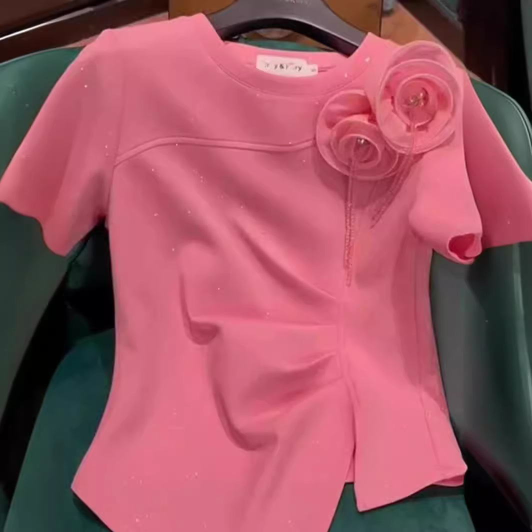 Extra Large 100-150KG Fat MM Three Dimensional Rose Blossoms Short sleeved T-shirt for Women's Summer New Style Wrinkled Waist Top Trendy