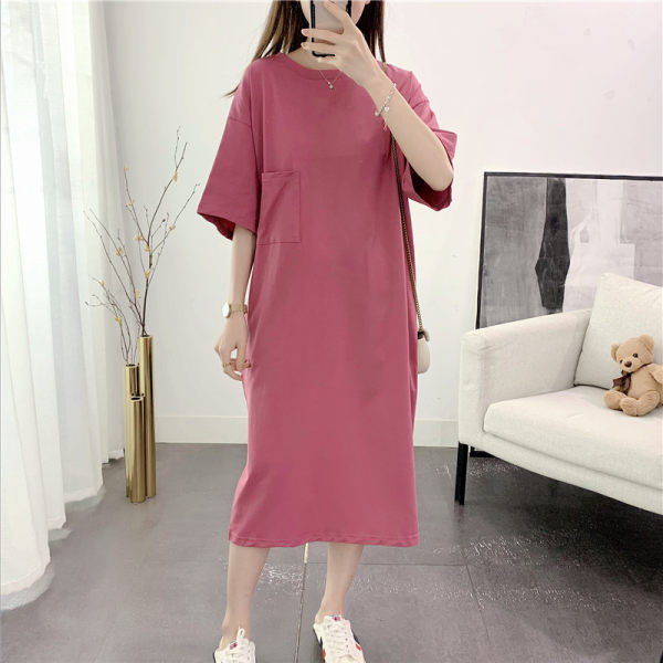 Cross border South Korea 2024 Summer New Cotton Dress Women's Loose Belly Covering Short Sleeve Knee length T-shirt Skirt