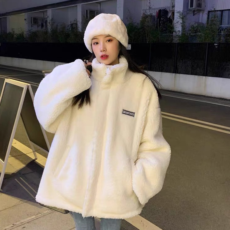 Stand collar lamb wool thick letter cotton coat cotton jacket women's 2025 autumn and winter loose Korean version small hoodie