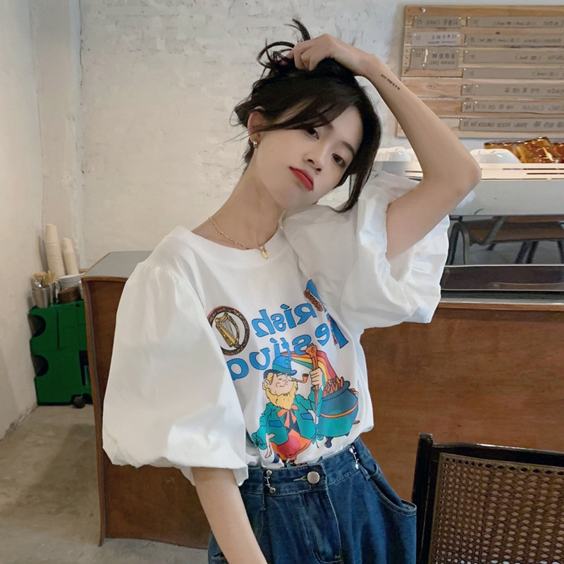 Cartoon Bubble Sleeve T-shirt Summer Korean Edition 2025 New Printed Loose Western Style Short Sleeve Top Women's Wear