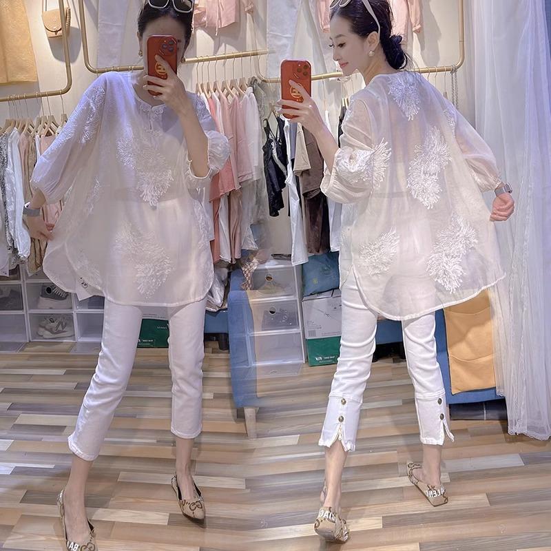Fat M100-150KG Extra Large Spring/Summer Heavy Industry Chiffon Hook and Flower Plate Buckle Long Sleeve Lace Shirt Loose and Versatile Top for Women