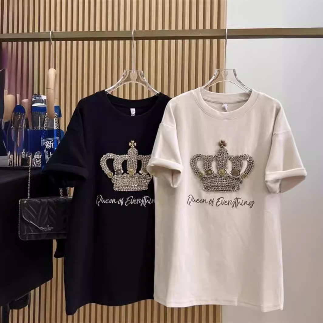 100-150KG Fat mm Extra Large Summer Heavy Industry Embroidered Crown Short Sleeve T-shirt Women's Base Shirt Loose Aging Top