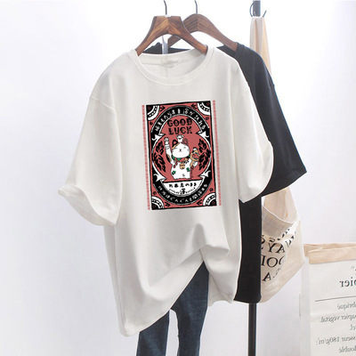 2022 New Summer Fortune Cat Round Neck Short Sleeve T-shirt for Women, Loose, Student Versatile, Medium to Long Half Sleeve Top, Trendy