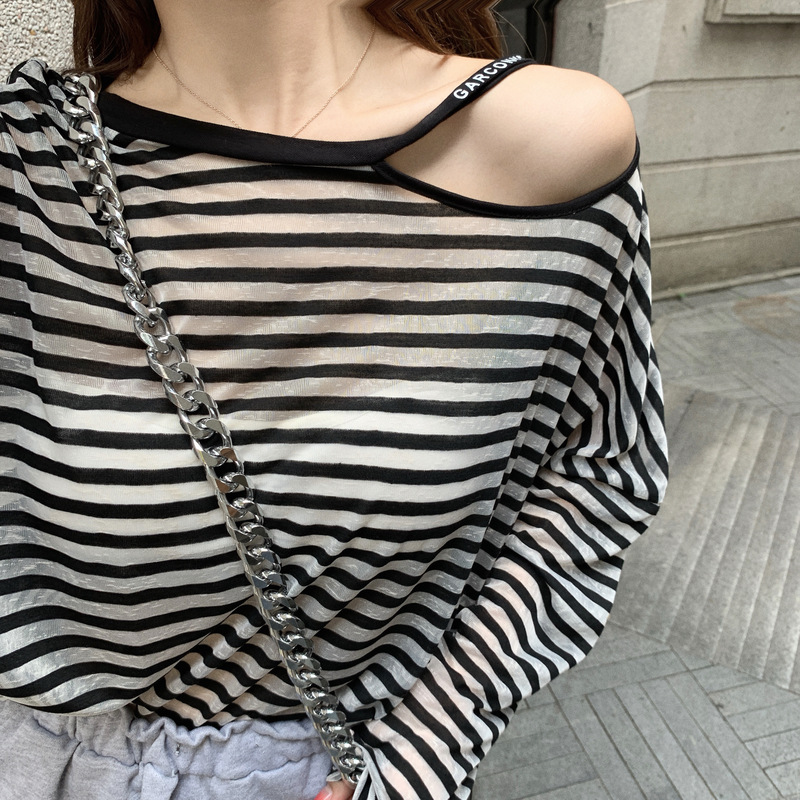 Ice silk striped long sleeved T-shirt sun protection clothing for women's summer Korean version medium long loose thin breathable top cover