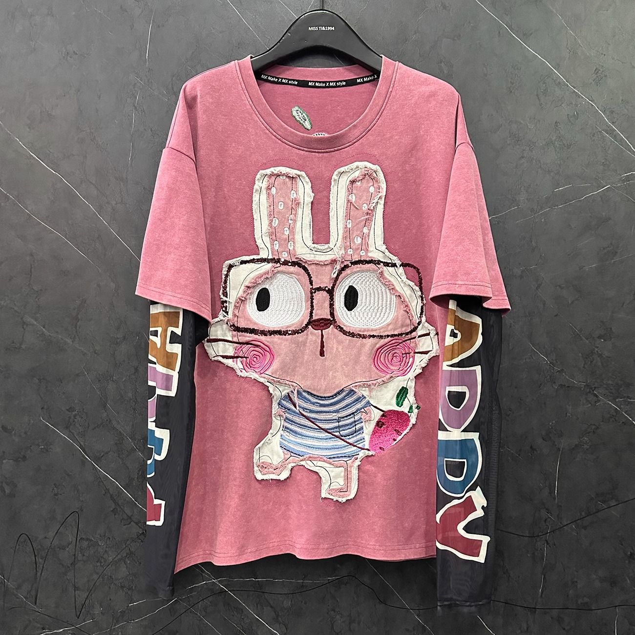Extra Large 100-150KG Fat mm Spring/Summer Sweet Heavy Industry Embroidery Rabbit Fake Two piece Long Sleeve T-shirt Women's Loose Top
