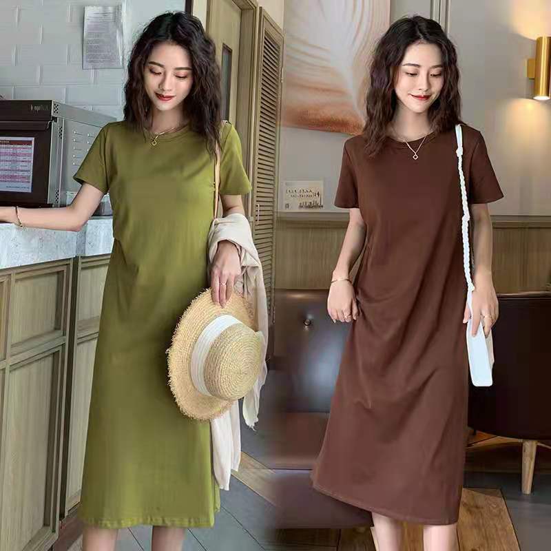 2025 summer new mid to long T-shirt loose and slimming over the knee short sleeved avocado green dress