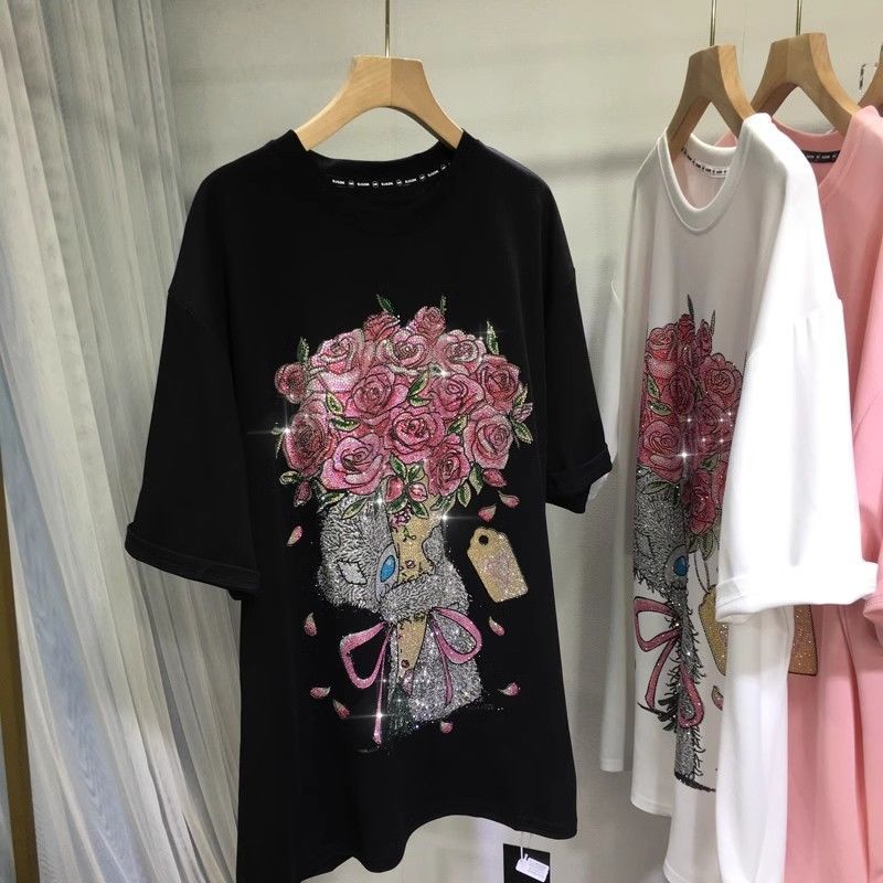 Fat MM100-150KG extra large European heavy industry hot stamping T-shirt for women's summer versatile slimming round neck mid length top