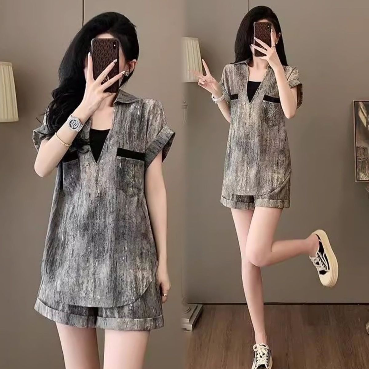 Set of women's 2025 summer new Korean style temperament simple design sense short sleeved top high waist slimming shorts two-piece set