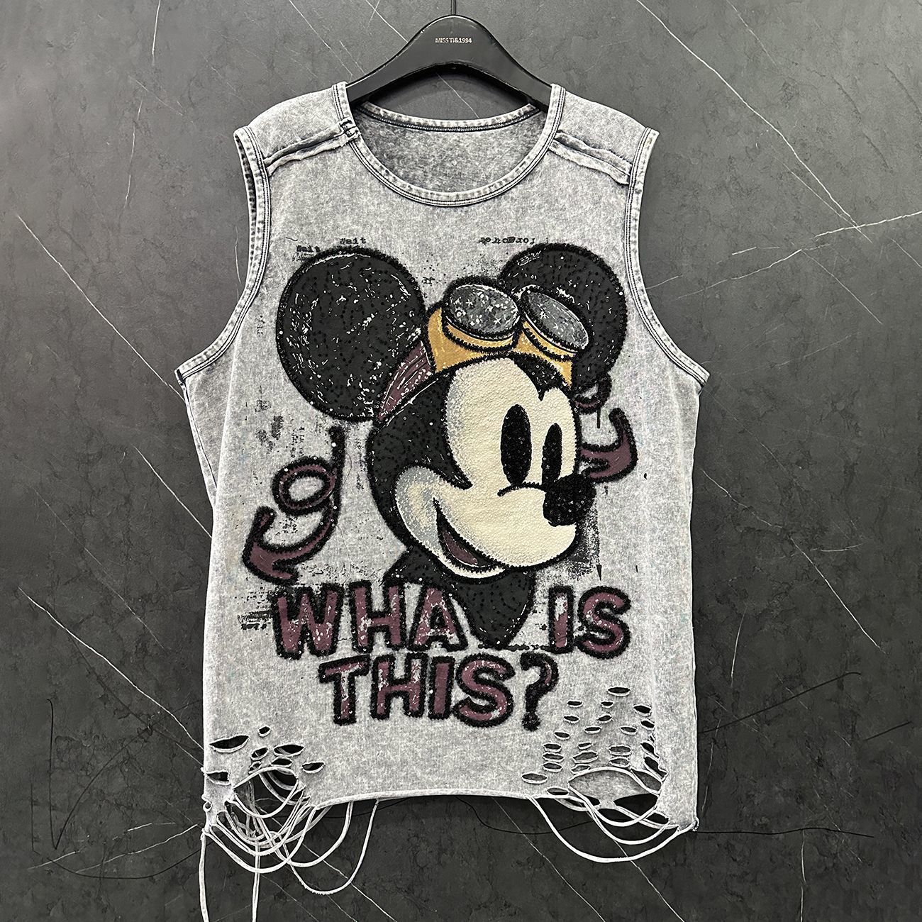 European goods 100-150KG plus size fat mm heavy industry sequin hole cartoon sleeveless T-shirt loose and versatile vest women's top