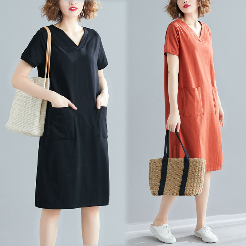Large size women's summer loose Korean version medium long T-shirt skirt fat mm solid color V-neck slimming short sleeved dress