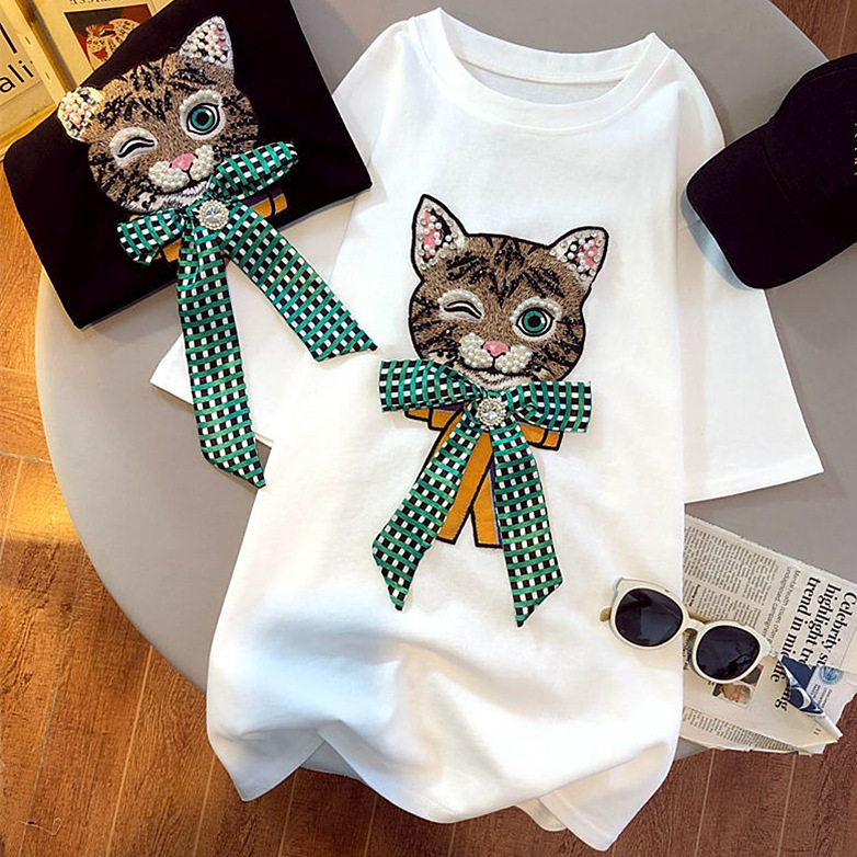 Cross border Korean version pure cotton heavy-duty embroidery hot drilling plus size short sleeved T-shirt for women's summer clothing loose temperament wholesale