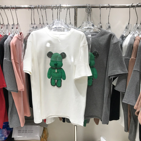 Short sleeved T-shirt for women's summer 2022 new European style bear print loose large version round neck mid length half sleeved top