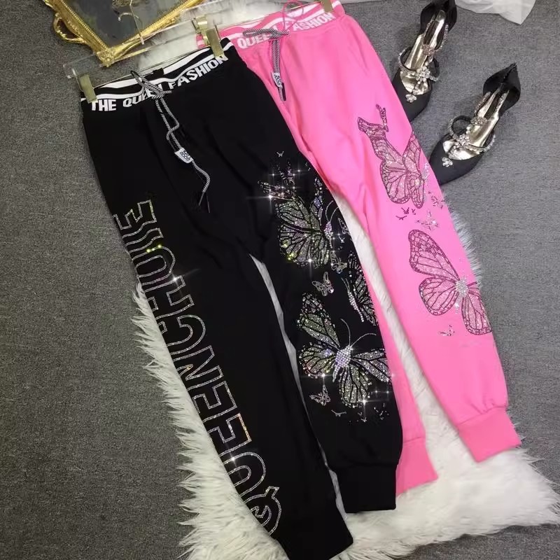 Oversized size 100-150KG, heavy weight diamond hot stamping sanitary pants, butterfly high waist slimming and foot binding sports, autumn and winter women's long pants