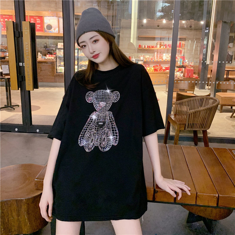 Cotton Korean Heavy Industries Cartoon Bear Hot Diamond Large Edition Women's Short sleeved T-shirt Summer Loose Large Size Top Wholesale