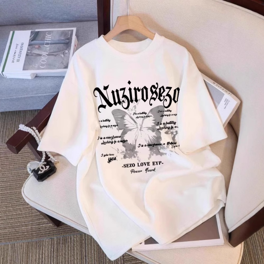 American butterfly print white short sleeved T-shirt for women in summer 2025, loose and slimming T-shirt, trendy outerwear top