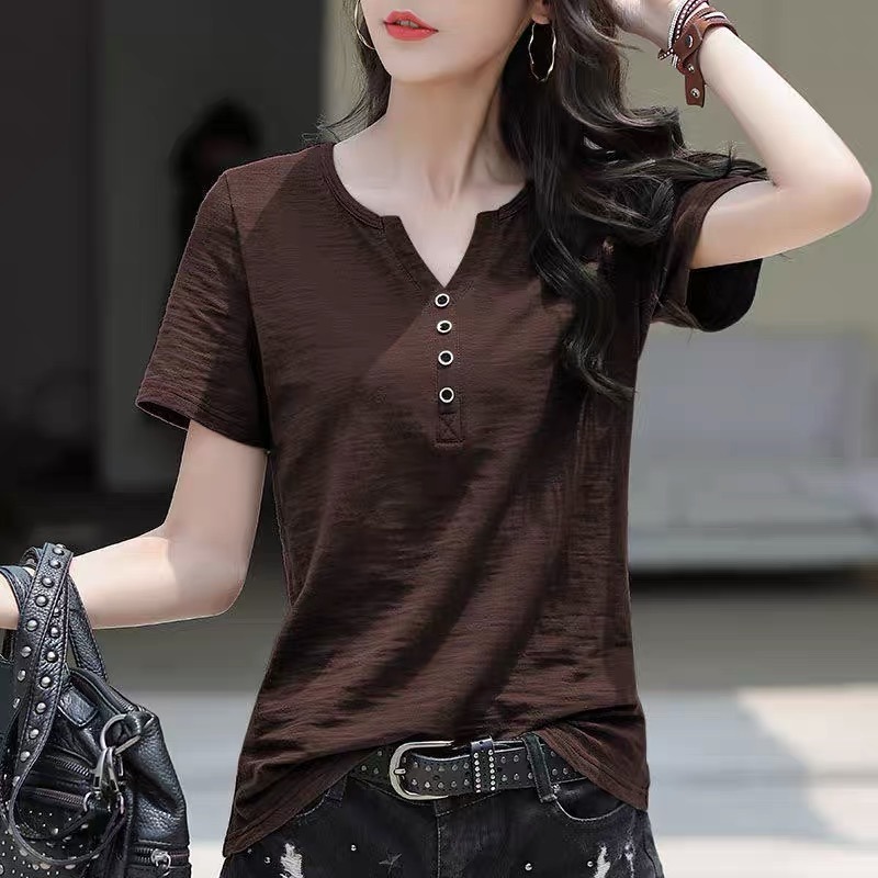 Short sleeved T-shirt women's V-neck loose fit slimming 2025 summer Korean version large solid color simple half sleeved top