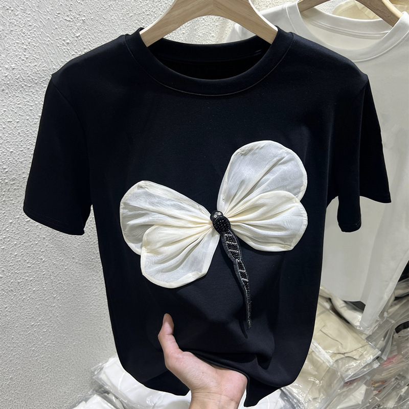 Cotton heavy industry three-dimensional decoration round neck pullover short sleeved T-shirt for women's summer loose fashion plus size top T-shirt