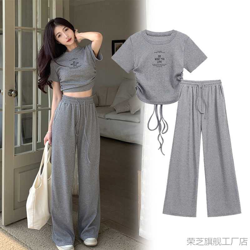 Desire Wind Grey Set Sweet and Western Style Summer Drawstring Short Sleeve Top Hanging Pants Two Piece Set Look Thin and Lazy Style