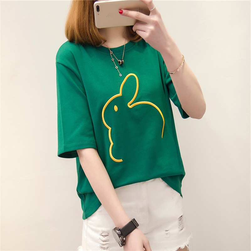 Wholesale 2023 Korean version summer clothing new trendy and versatile embroidered rabbit top loose short sleeved versatile T-shirt for women's outerwear