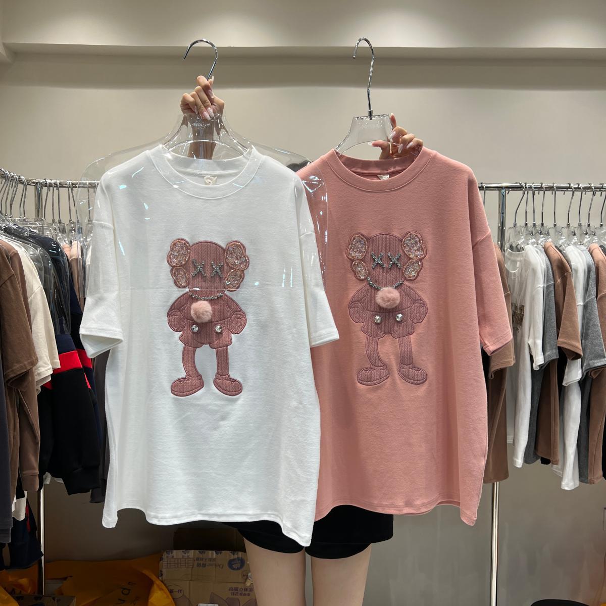 2023 New Spring Wear Matte Cartoon Short Sleeve T-shirt for Women Autumn/Winter Thick European Large Edition Medium Long Half Sleeve Top