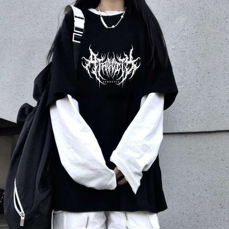 2025 summer cross-border new letter printed pullover top Korean version loose fitting fake two-piece long sleeved T-shirt for women