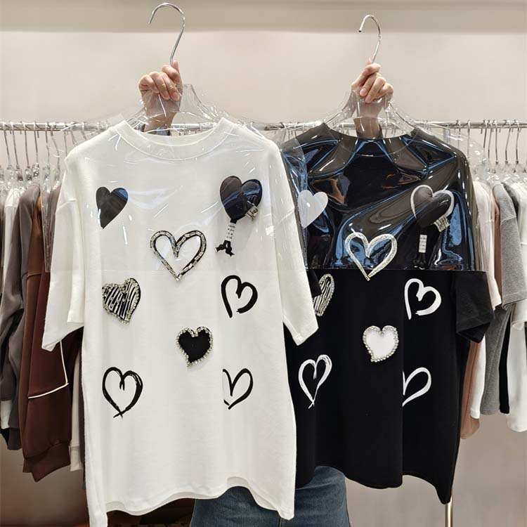 2023 New Early Spring Love Print Design Sense Round Neck Short Sleeve T-shirt for Women, Loose and Versatile Half Sleeve Top, Ins Trendy