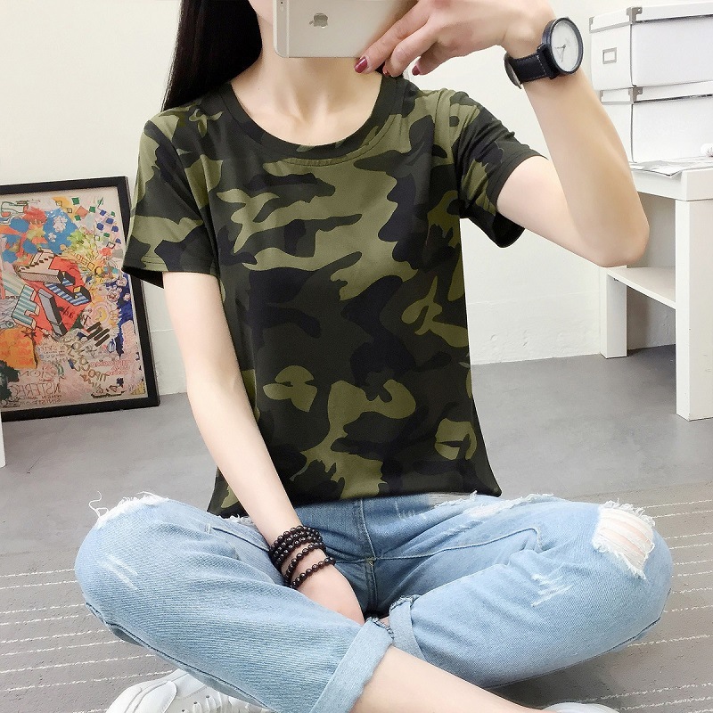 2025 summer clothing new Korean version short sleeved t-shirt women's printed student loose camouflage jacket women's cross-border wholesale