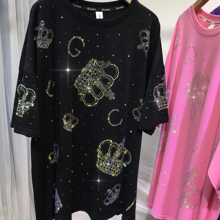 Extra Large 100-150KG Fat mm Heavy duty Hot Diamond T-shirt Crown Shining Short Sleeve Summer New Fashionable Western Style Top
