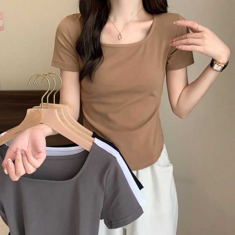 2025 summer new Korean version short sleeved T-shirt for women, niche design, slim fit and slimming U-neck top, factory direct sales