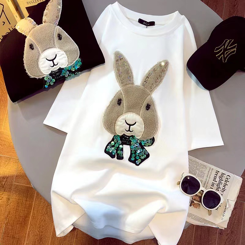 Foreign trade women's clothing new European goods heavy industry three-dimensional cartoon embroidery short sleeved T-shirt women's ins trendy women's pure cotton loose top