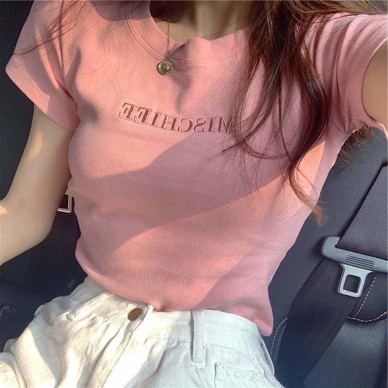 Letter embroidery top 2025 summer new slim fit base women's clothing Korean version short sleeved fashionable T-shirt loose wholesale