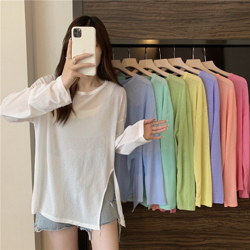 Thin and slightly translucent split sun protection long sleeved T-shirt for women's summer Korean version 2025 new candy color loose air conditioning cover