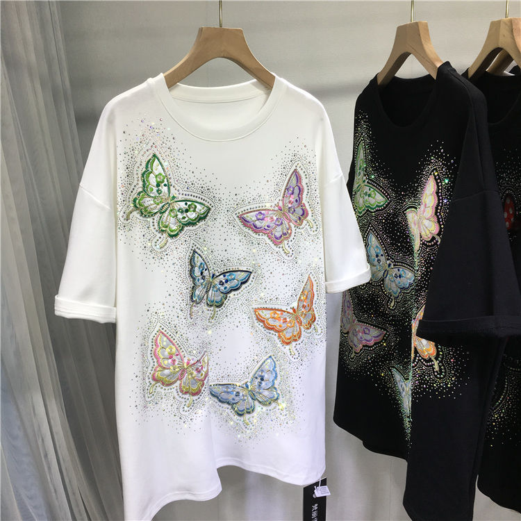 757 # 100-150KG Fat mm Heavy duty Hot Diamond Embroidered Butterfly Round Neck Fashionable and Stylish Look Thin Short Sleeve T-shirt for Women